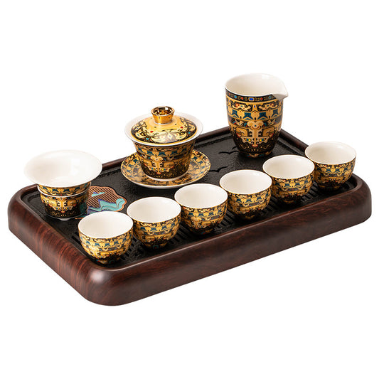 Thangka Sakralkunst Gongfu Teeservice – Handbemalte Porzellan-Teekanne & Tassenset mit Goldakzenten (Kostenloser Premium-Tee inklusive)