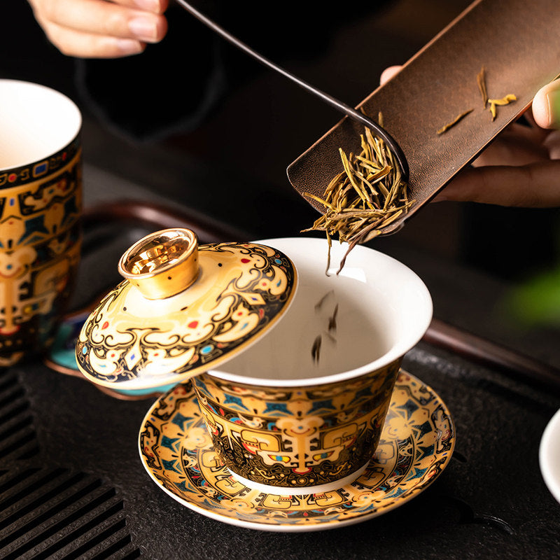 Thangka Sacred Art Gongfu Tea Set – Hand-Painted Gold-Accent Porcelain Teapot & Cup Set(Complimentary Premium Tea Included)
