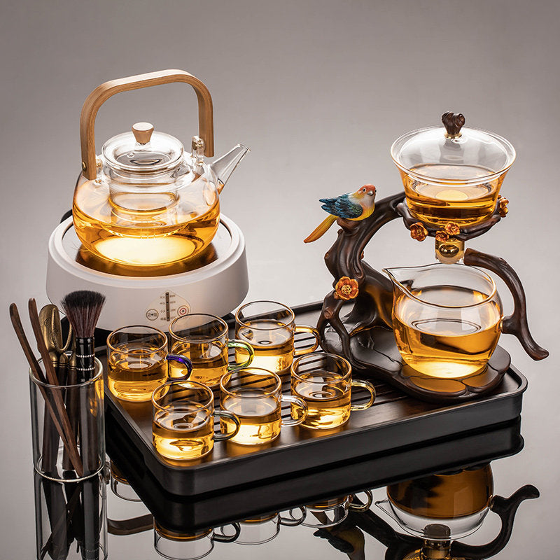 Luxe Visual Brewing Glass Tea Service – Crystal Clear Infuser Teapot with Natural Walnut Accents