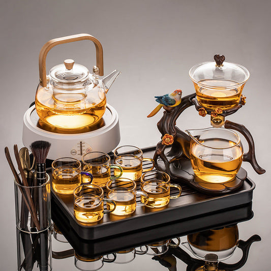 Luxe Visual Brewing Glass Tea Service – Crystal Clear Infuser Teapot with Natural Walnut Accents