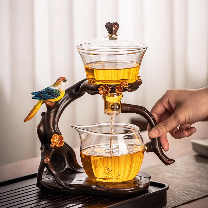 Luxe Visual Brewing Glass Tea Service – Crystal Clear Infuser Teapot with Natural Walnut Accents
