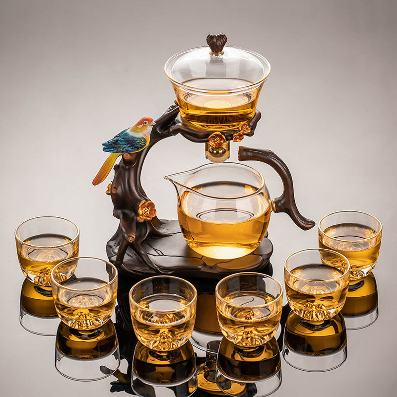 Luxe Visual Brewing Glass Tea Service – Crystal Clear Infuser Teapot with Natural Walnut Accents