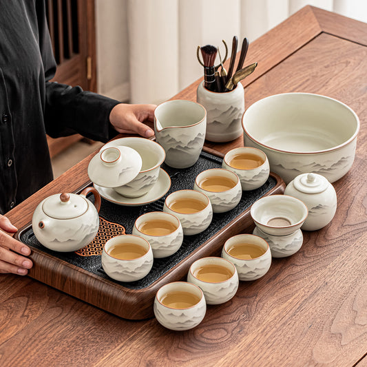 Tusche-Wasch-Ru-Keramik-Teeservice – handgefertigtes, beigefarbenes Crackle-Glasur-Keramik-Gongfu-Teeservice (inklusive gratis Premium-Tee)