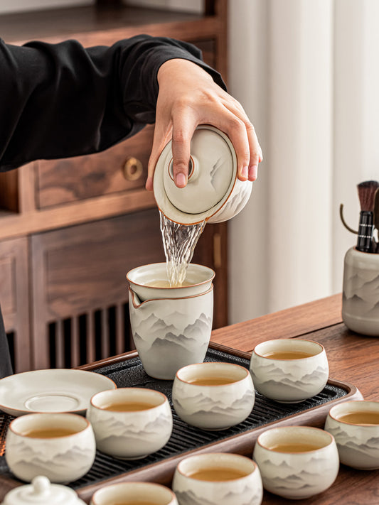 Tusche-Wasch-Ru-Keramik-Teeservice – handgefertigtes, beigefarbenes Crackle-Glasur-Keramik-Gongfu-Teeservice (inklusive gratis Premium-Tee)