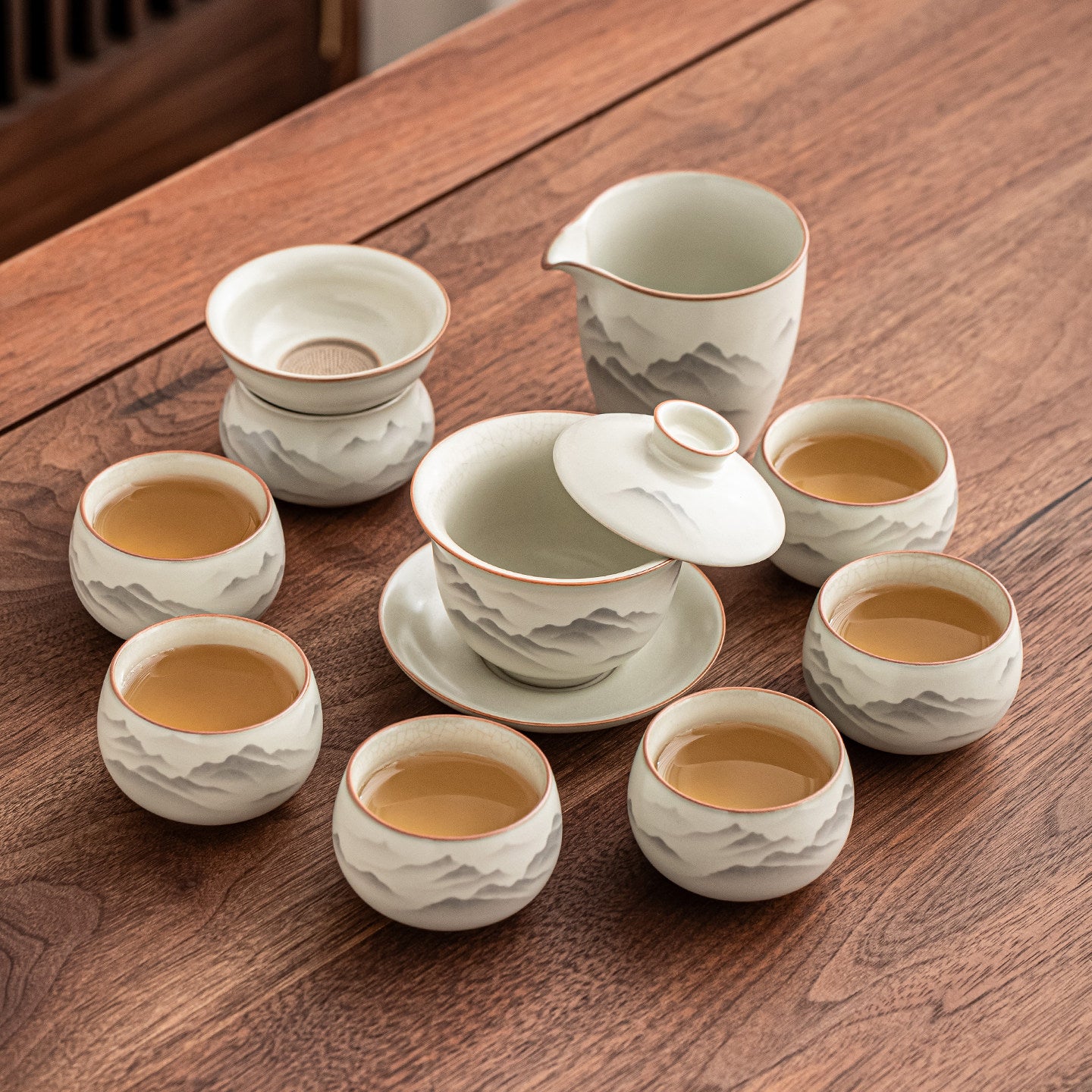 Ink-Wash Ru Ware Tea Set – Handcrafted Beige Crackle Glaze Ceramic Gongfu Tea Service（Complimentary Premium Tea Included）