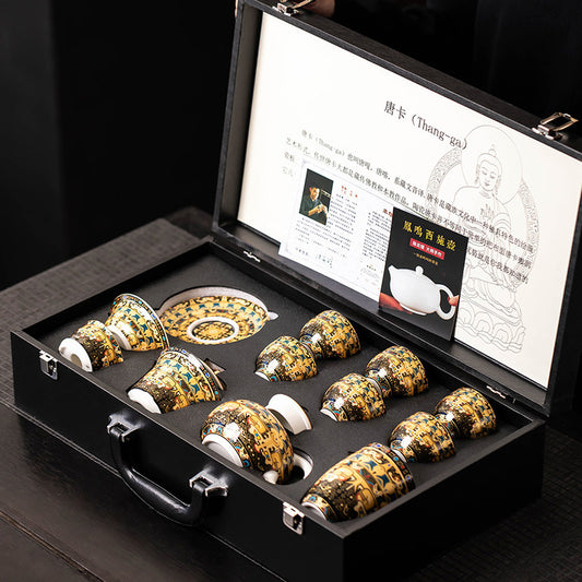 Thangka Sakralkunst Gongfu Teeservice – Handbemalte Porzellan-Teekanne & Tassenset mit Goldakzenten (Kostenloser Premium-Tee inklusive)