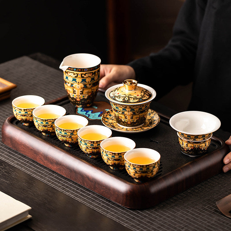 Thangka Sacred Art Gongfu Tea Set – Hand-Painted Gold-Accent Porcelain Teapot & Cup Set（Complimentary Premium Tea Included）